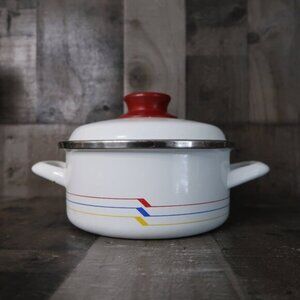 Vitrex 1 1/2 Quart Enamel Pot with Lid White w/Red Blue Yellow Stripes Rainbow